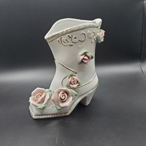 Vintage Sphinx Japan Boot Flower Vase Ceramic Porcelain Figurine Floral Pink
